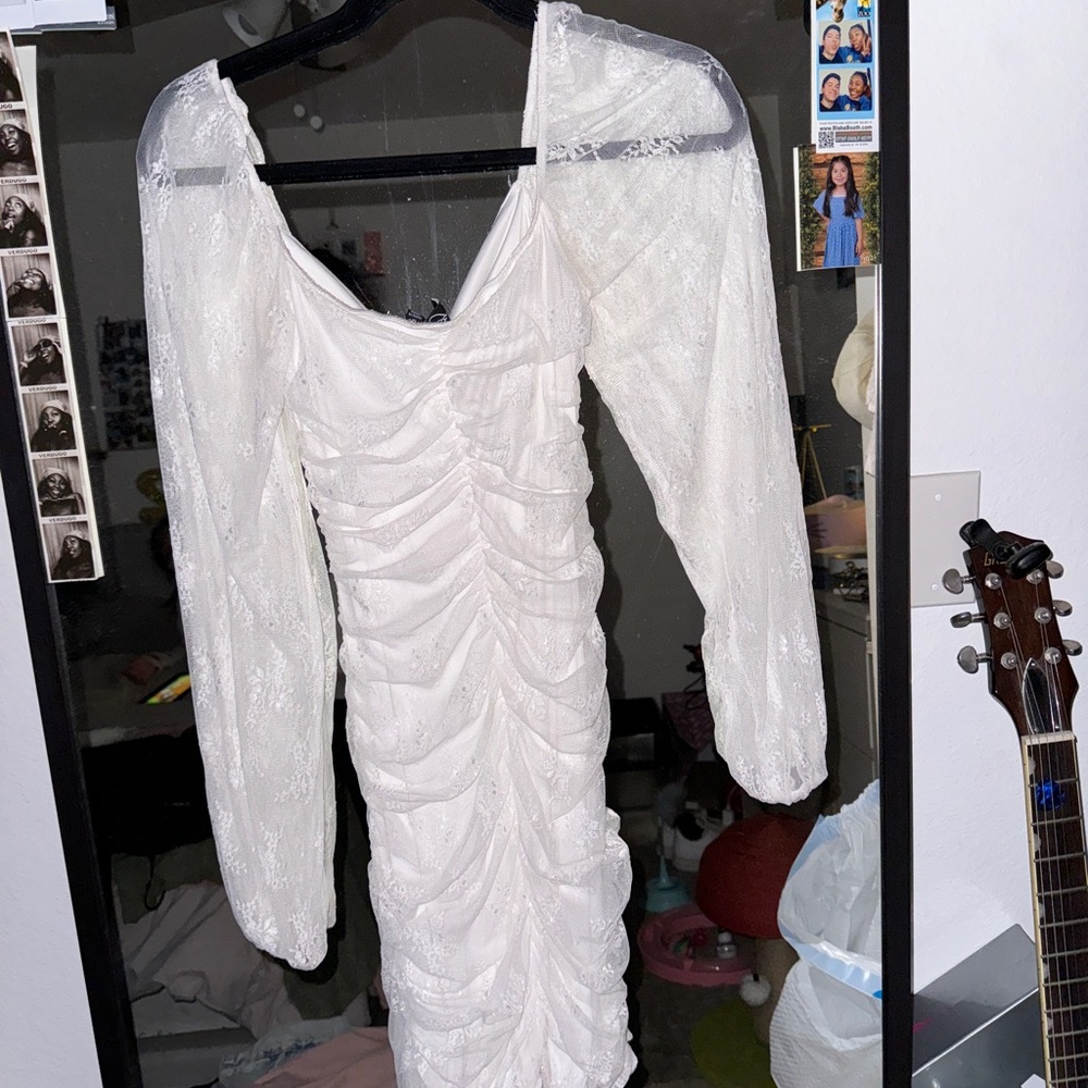 Ruched white lace long sleeve bodycon dress